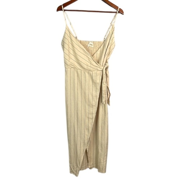 Urban Outfitters Quebec Beige Stripe Linen Blend Side Tie Midi Wrap Dress Size M - Picture 2 of 14